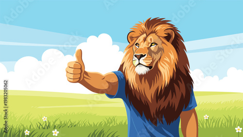 Heroic lion character wearing a blue t-shirt gives a confident thumbs up while standing in a vast green meadow.