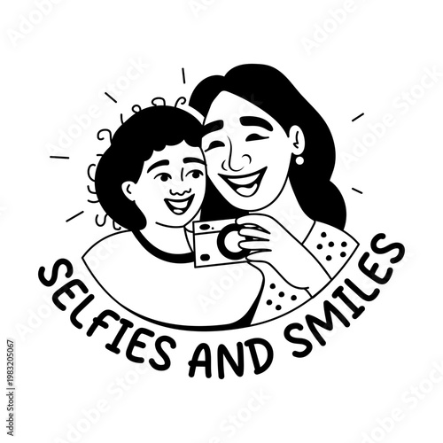 A glyph sticker of mom and child taking selfies together 
