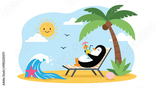 Relaxed penguin lounges on a deck chair under a palm tree at the beach while sipping a tropical fruit drink.
