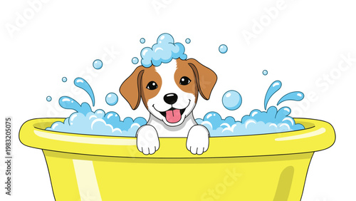 Small brown and white puppy sits happily in a yellow bathtub filled with blue soap bubbles and water splashes.