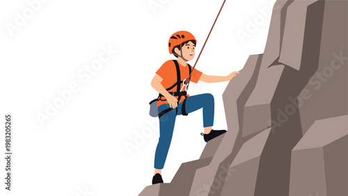 Young boy wearing a helmet and safety harness climbs a steep rocky mountain wall with a rope in the outdoors.