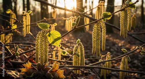 Sunlight filtering through forest branches with budding flowers