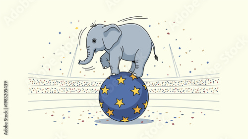 Skilled baby elephant balances on a large blue ball decorated with yellow stars in a crowded circus arena.