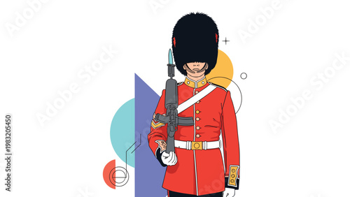 British royal guard stands at attention wearing a traditional red tunic and a large bearskin hat with a rifle.