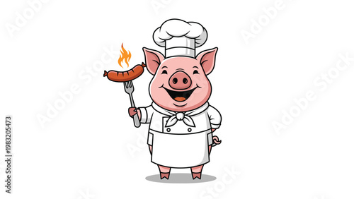 Friendly pig chef character wearing a white uniform and hat happily holds a grilled sausage on a fork against a white background.
