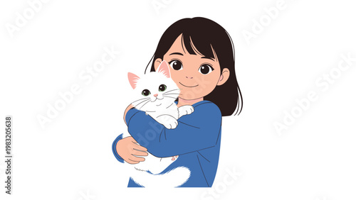 Young girl with dark hair and a blue sweater smiles warmly while hugging her soft white kitten close to her face in a sweet embrace.