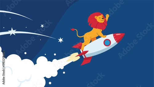 Brave lion character wearing a red mane waves while riding a white and red rocket through deep blue space filled with stars and clouds.