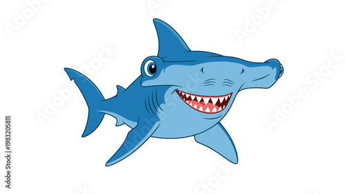 Friendly blue hammerhead shark with large eyes and a wide toothy grin swims through the water on a plain white background.