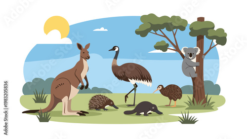 Diverse collection of iconic australian wildlife including a kangaroo emu koala echidna and platypus in a natural outdoor landscape.