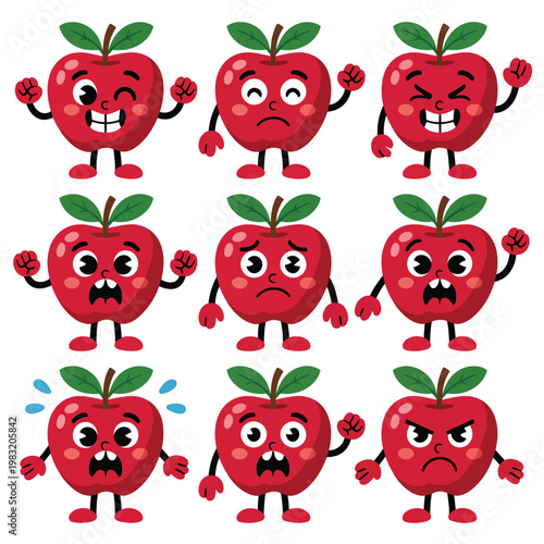 A group of cartoon apples with different facial expressions