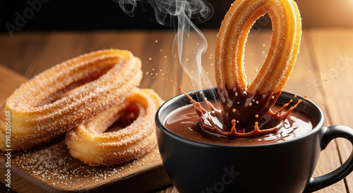 Hot chocolate with a dusted churro being dipped