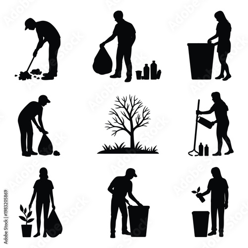 People are cleaning up the environment with trash bags and tools