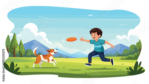 Energetic boy and his brown and white dog play with an orange frisbee in a wide green meadow with mountains in the background.