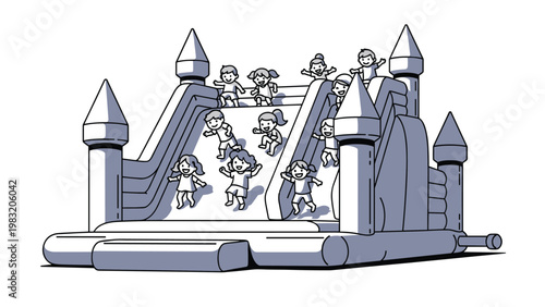 Large group of happy children slide down the wide chutes of a grey inflatable bouncy castle slide at a fun outdoor event or party.