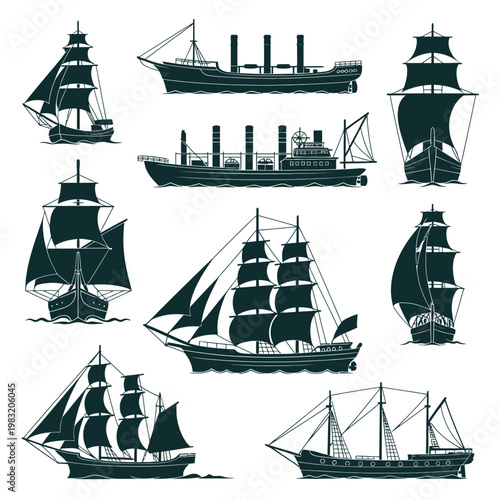A collection of various sailing ships and steamboats illustrated