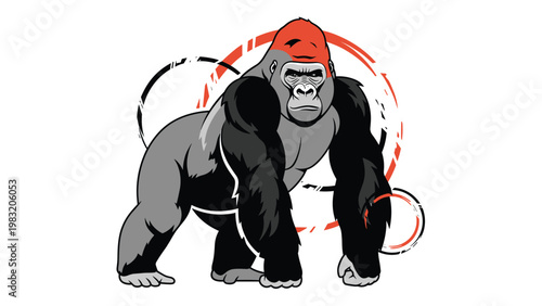 Powerful and majestic gorilla with a grey and black coat stands in a strong pose against a background of circular red brush strokes.