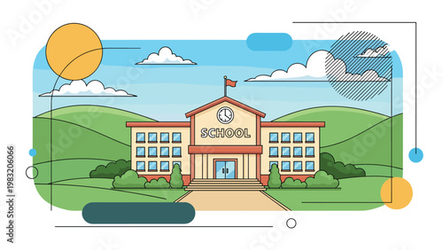 Classic red brick school building with a clock tower and a flag stands in a beautiful green landscape under a blue sky with clouds.