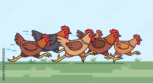 A group of chickens running in a line.