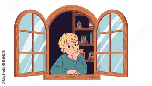 Young boy with blonde hair looks out of a wide open wooden window with arched frames from a dark room with toys on shelves.