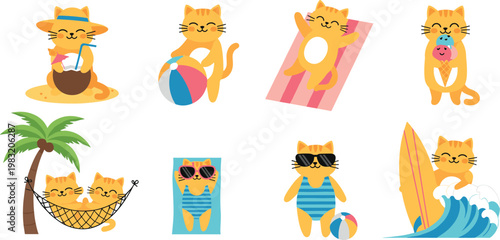Canvastavla Cute Cats Enjoying Summer Fun with Beach, Surfing, and Vacation Activities for S