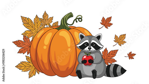 Cute raccoon character sitting next to a large orange pumpkin holding a red apple surrounded by falling autumn maple leaves.