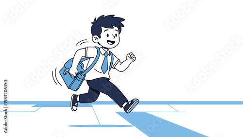 Enthusiastic schoolboy wearing a uniform with a tie and backpack running quickly across a blue and white abstract ground surface.