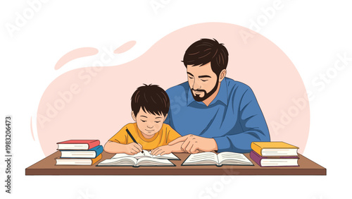 Caring father sitting at a desk helping his young son with school homework using several books and notebooks in a cozy setting.