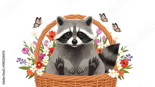 Adorable raccoon sitting inside a woven wicker basket filled with colorful blooming flowers and surrounded by fluttering butterflies.