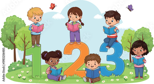 Kids Reading Books with Number 1, 2, and 3 for Education, Childhood, and Learning Themed Designs