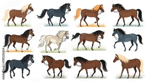Large collection of diverse horses in various colors and breeds walking gracefully across patches of green and yellow grass.