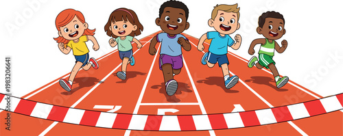 Kids Running in a Race with Finish Line for Sports, Active Lifestyle, and Childhood Themed Designs