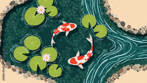 Top view of a serene koi pond with two orange and white fish swimming among green lily pads and pink blooming flowers.