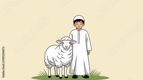 Young boy dressed in a traditional white thobe and cap stands calmly next to a fluffy white sheep on a green patch of grass.