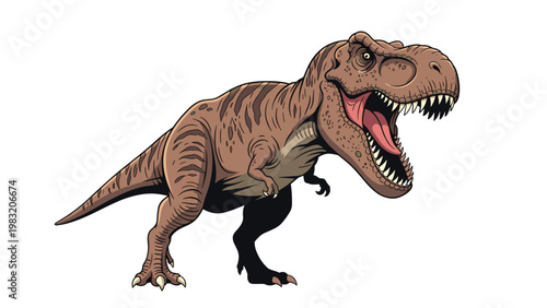Ferocious tyrannosaurus rex dinosaur roars with its massive jaws wide open showing its sharp teeth and pink tongue.