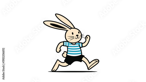 Cute cartoon rabbit wearing a striped blue shirt and black shorts running energetically on a white background vector.
