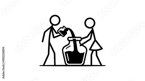 Stick Figures Filling a Potion Bottle