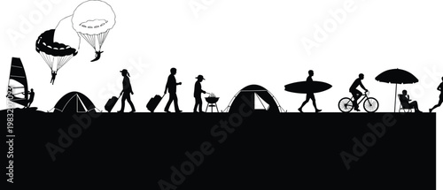 Black Silhouette Vector Illustration of Diverse People Engaging in Summer Activities Like Camping Cycling Surfing Paragliding and Traveling on Vacation