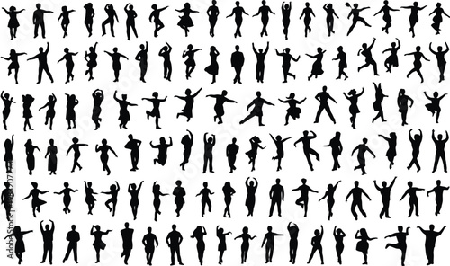 Collection of black human silhouettes in various dynamic poses and dance movements people figures