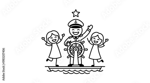 Happy Captain with Children on a Ship