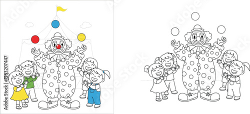 Funny Circus Clown Juggling Balls for Happy Children Illustration with Line Art Version for Coloring Book, Kids Watching Circus Performance Vector Background
