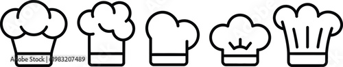 Five black outline chef hats of varying styles  toque blanche cooking hat