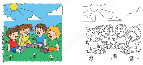 Happy Group of Children Sitting on Grass and Laughing Outdoors Illustration with Line Art Version for Coloring Book, Kids Playing in a Sunny Meadow Vector Background