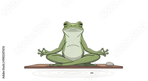Green frog meditating peacefully on a wooden mat.