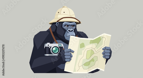 Gorilla Explorer with Camera and Map on Safari Adventure.