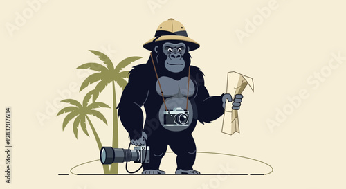 Gorilla explorer with camera and map on tropical island.