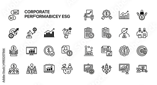 Corporate Performance ESG Icons Set. Business Strategy