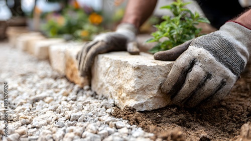 Photorealistic close-up of a worker building a low dry-stack limestone wall on compacted gravel