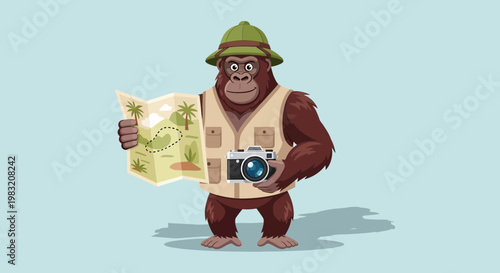 Orangutan explorer holding map and camera ready for adventure.