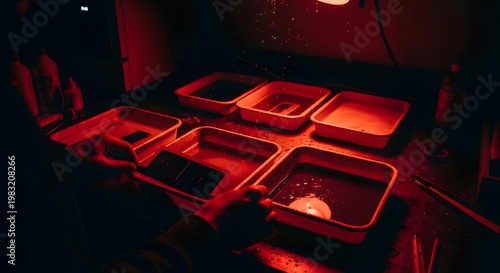 A photographer develops Polaroid film in a darkroom under a red safety light. A tray of chemicals rests on the work surface. A hand carefully holds photographic paper.