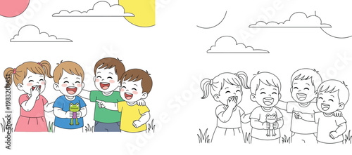 Happy Diverse Children Playing with a Green Frog Outdoors Illustration with Line Art Version for Coloring Book, Kids Discovering Nature in a Sunny Park Vector Background
